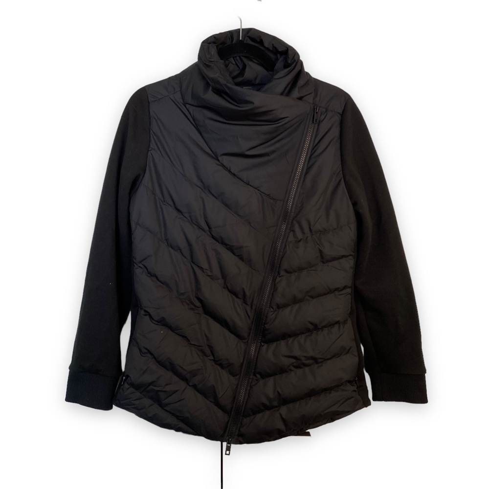 HYBA - Black Asymmetrical zipperFunnel Neck puffer jacket Mixed Media - Picture 3 of 13